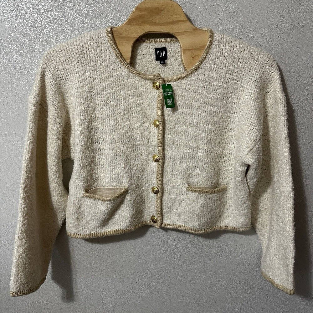 GAP Boucle Cropped Sweater Cardigan Wool‎ Blend Chino Beige Women's Size XL NWT